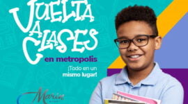 Afiche que incluye un niño con lentes y útiles escolares para promover las ofertas el regreso a clases en Metropolis Barquisimeto