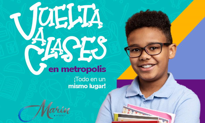 Afiche que incluye un niño con lentes y útiles escolares para promover las ofertas el regreso a clases en Metropolis Barquisimeto