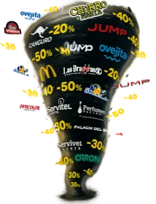 Remolino de descuentos por Black Friday con logos de negocios participantes en Metropolis Barquisimeto