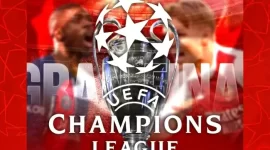 Trofeo de la UEFA Champions League con futbolistas de fondo y texto Gran Final para evento en Metropolis Barquisimeto