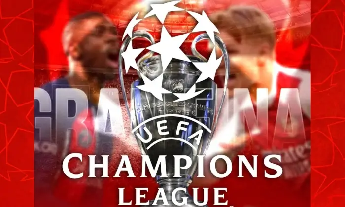 Trofeo de la UEFA Champions League con futbolistas de fondo y texto Gran Final para evento en Metropolis Barquisimeto