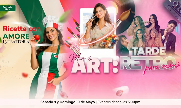 Banner promocional de eventos del Día de las Madres en Metrópolis Barquisimeto: Masterclass de cocina italiana, taller de arte y tarde de música retro.